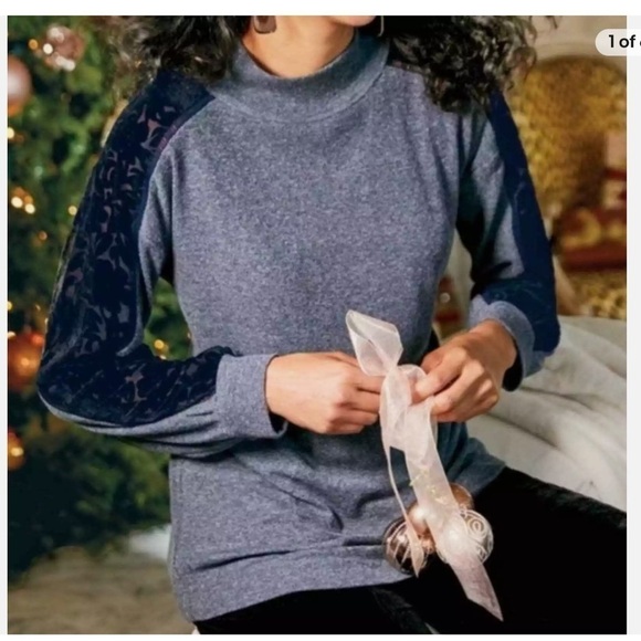 Soft Surroundings Zaida Burnout Blue Floral Velvet Long Sleeve - Picture 1 of 7